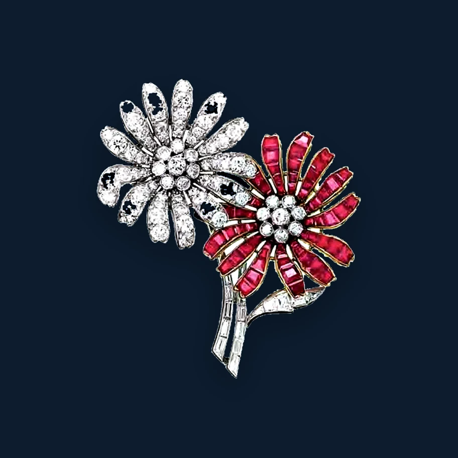 Vintage-Brosche: Blumenpaar mit Diamanten und Rubinen