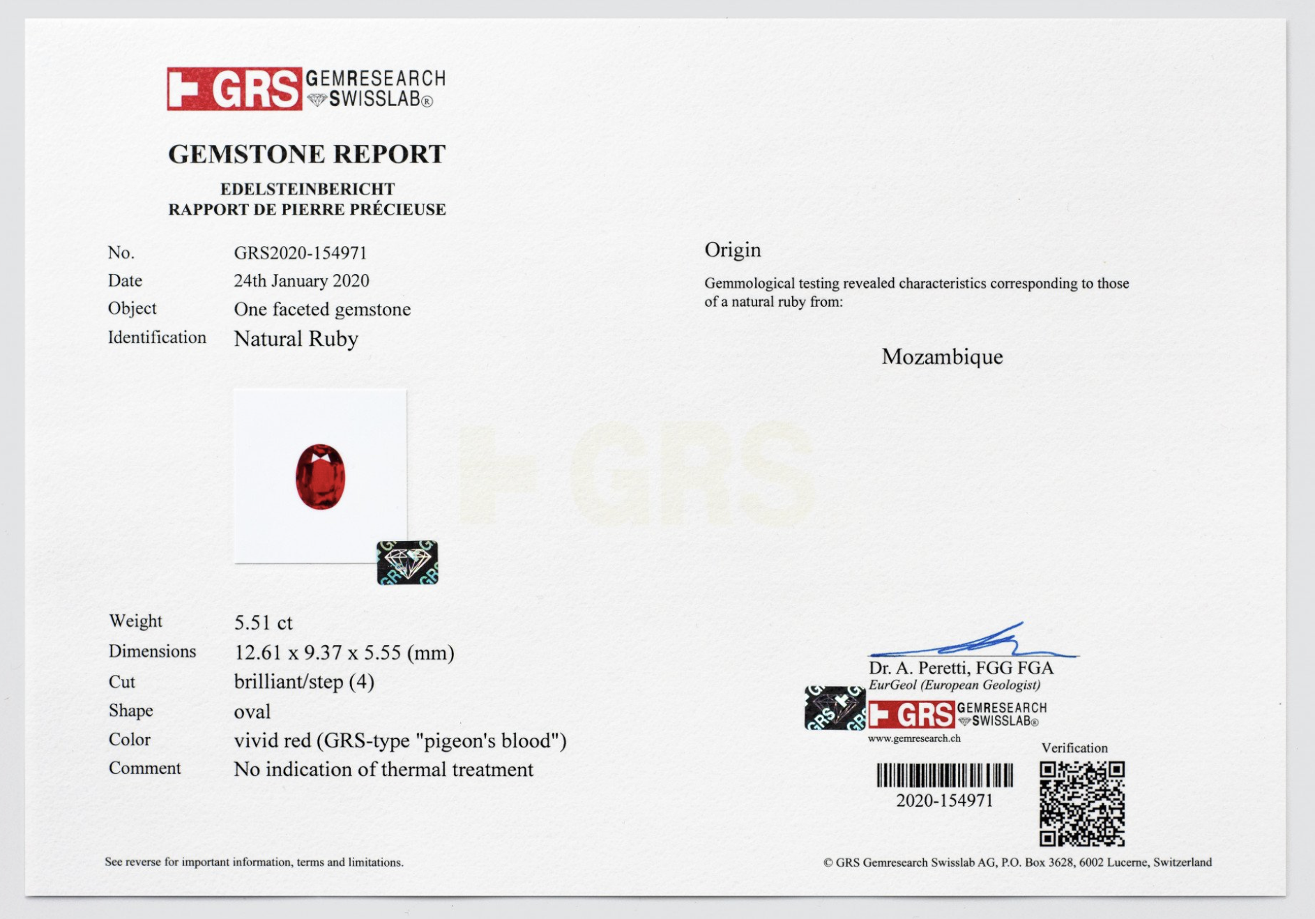 GRS Gemstone Report — Natural Ruby, Pigeon Blood